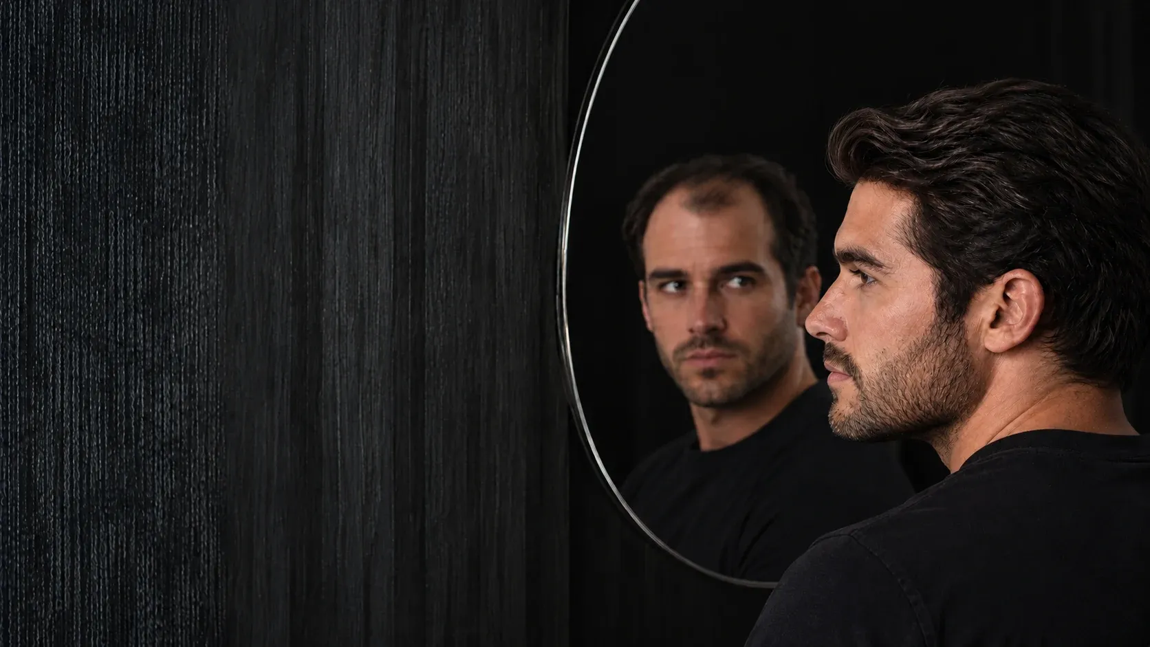 Un hombre se observa en el espejo: referencia visual de un cambio en su cabello.