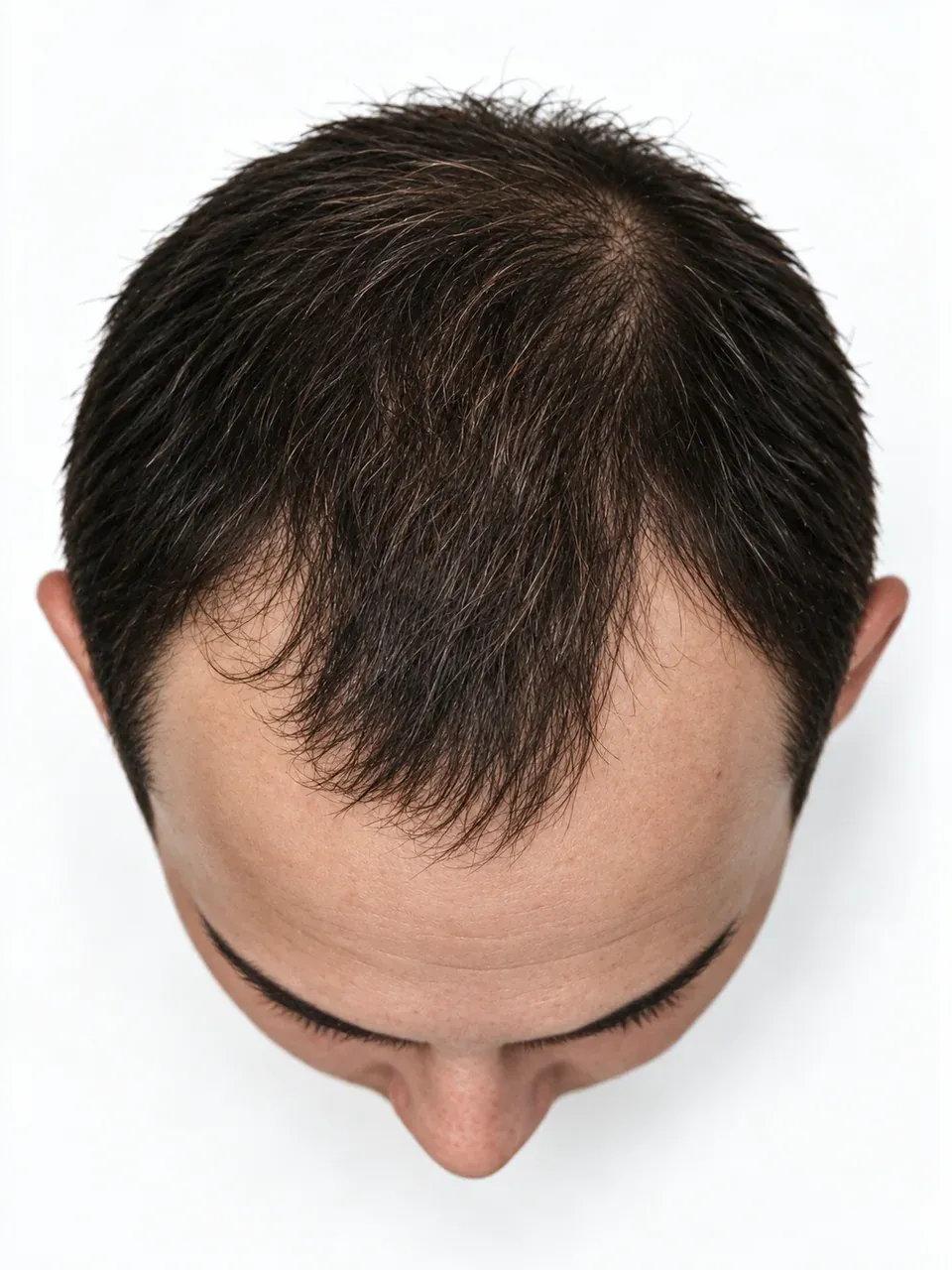 Vista superior de una cabeza masculina con entradas visibles y cabello en el centro de la frente.