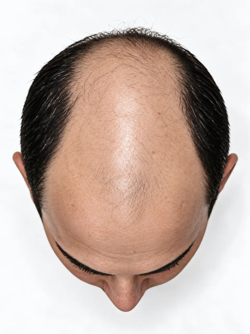 Vista superior de una cabeza masculina con la zona superior despejada y algunos cabellos en el centro.