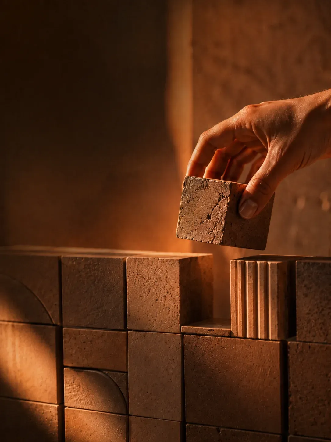 Una mano coloca un cubo de textura mineral sobre una composición de bloques geométricos.