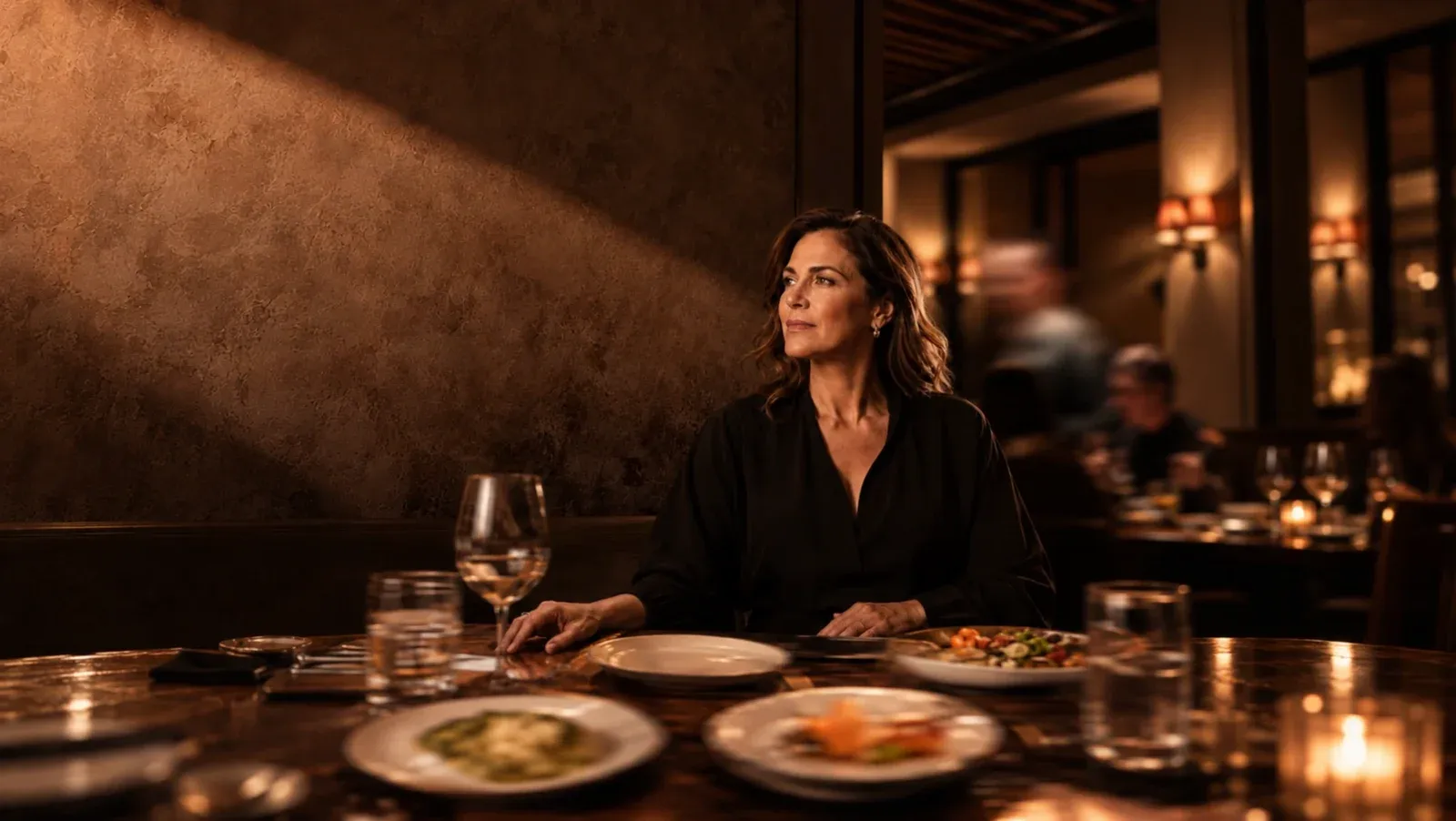Mujer sentada ante una mesa servida; escena ilustrativa.
