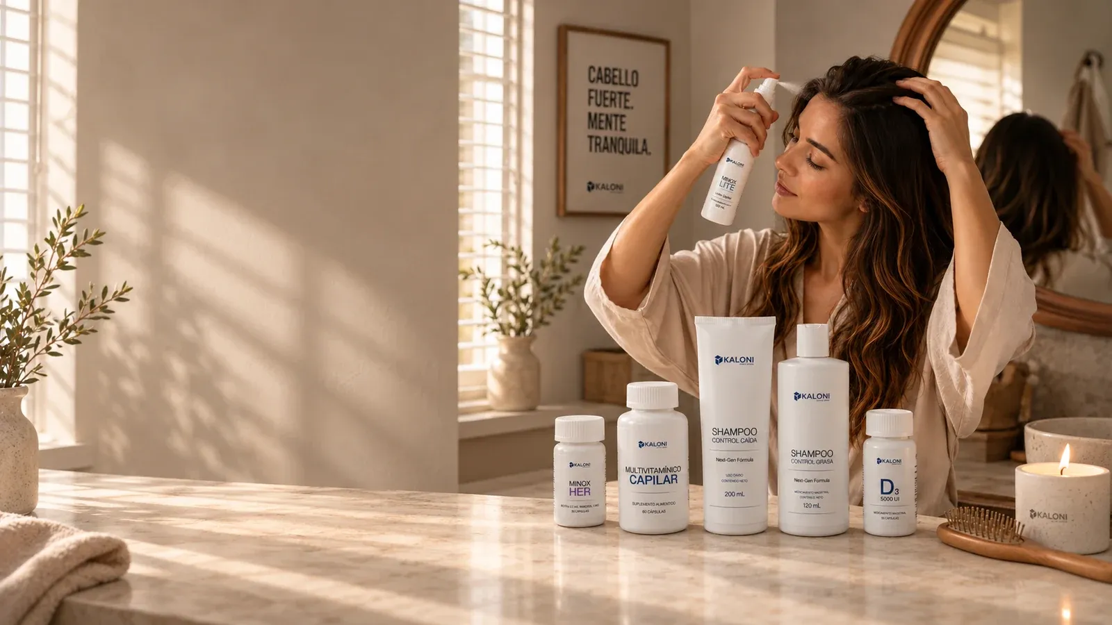 Mujer con la colección Kaloni Products frente a un espejo.