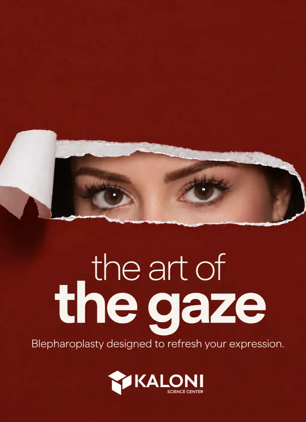 Campaña The Art of the Gaze sobre fondo rojo.
