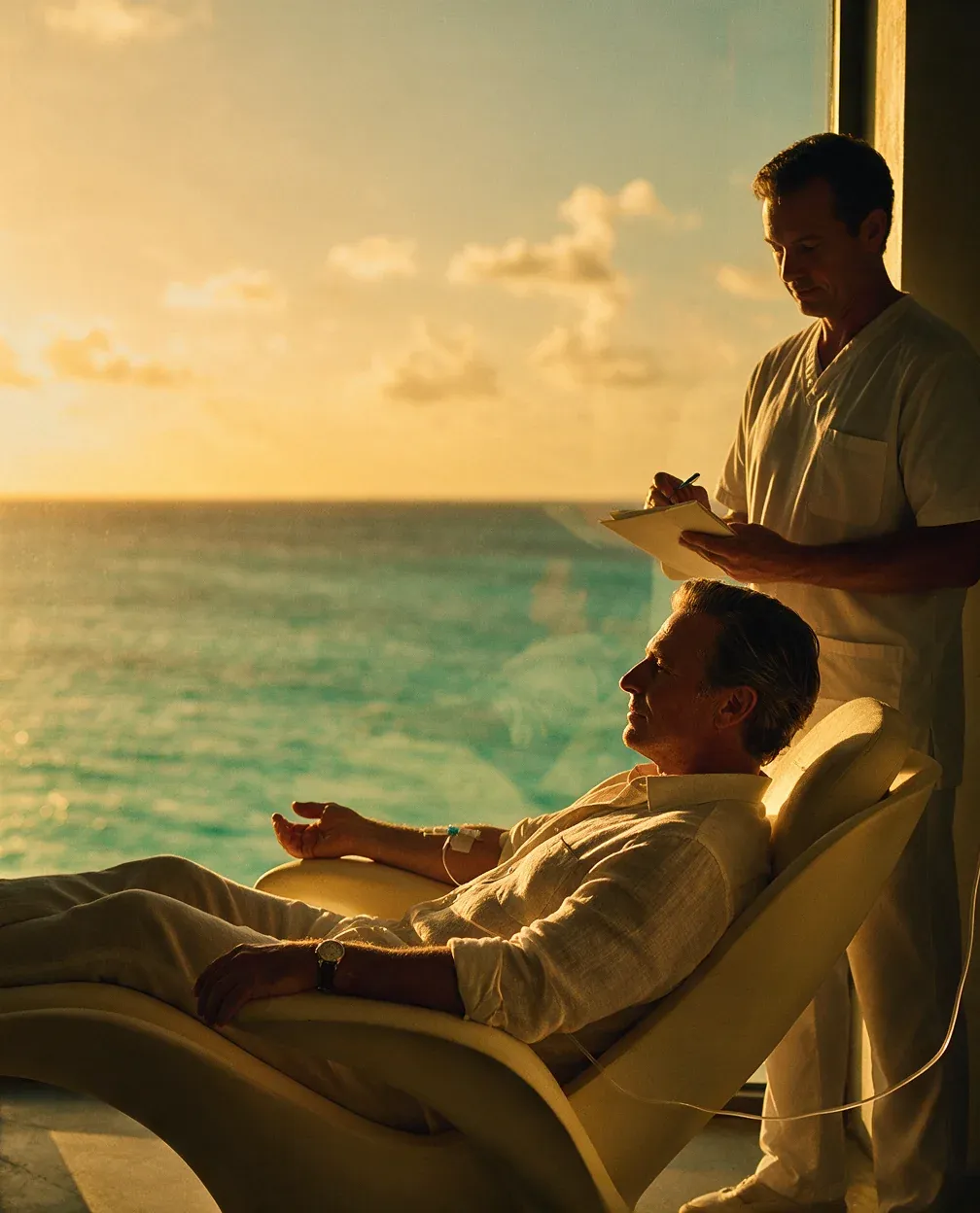Una persona descansa en un sillón junto al mar mientras un profesional toma notas al atardecer.