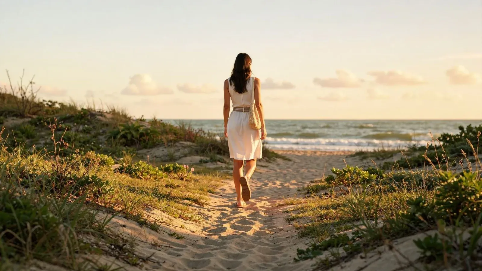 Una mujer camina por un sendero de arena hacia la playa.